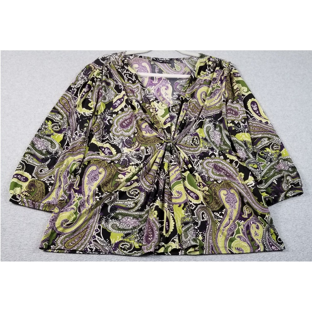 Apt. 9 Blouse Women PXL Petite XL Green Purple Paisley 3/4 Sleeve Knot Front Top